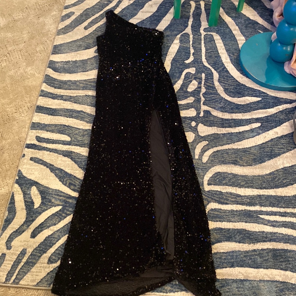 black mermaid glitter one shoulder backless prom dress with sequins